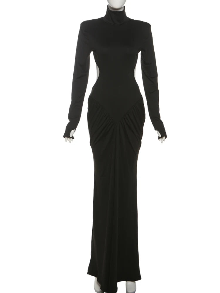 Cutenew High Street Women Maxi Dress Classic Sexy Backless Straight Shoulder Full Sleeve Ruched Bodycon Mujer Evening Vestidos