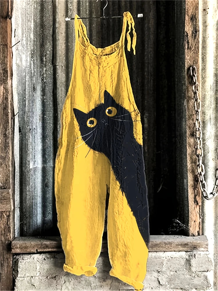 2025 New Spring And Summer Halter Jumpsuit Women's Fun Cat Print Pullover Halter Pants Casual Loose High Waist Jumpsuit