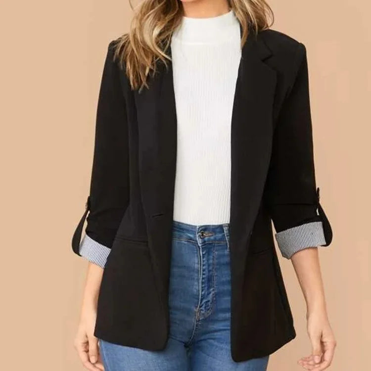 Women Autumn Winter Fashion Splicing Lapel Slim Cardigan Blazer Jacket Long Sleeve Casual
