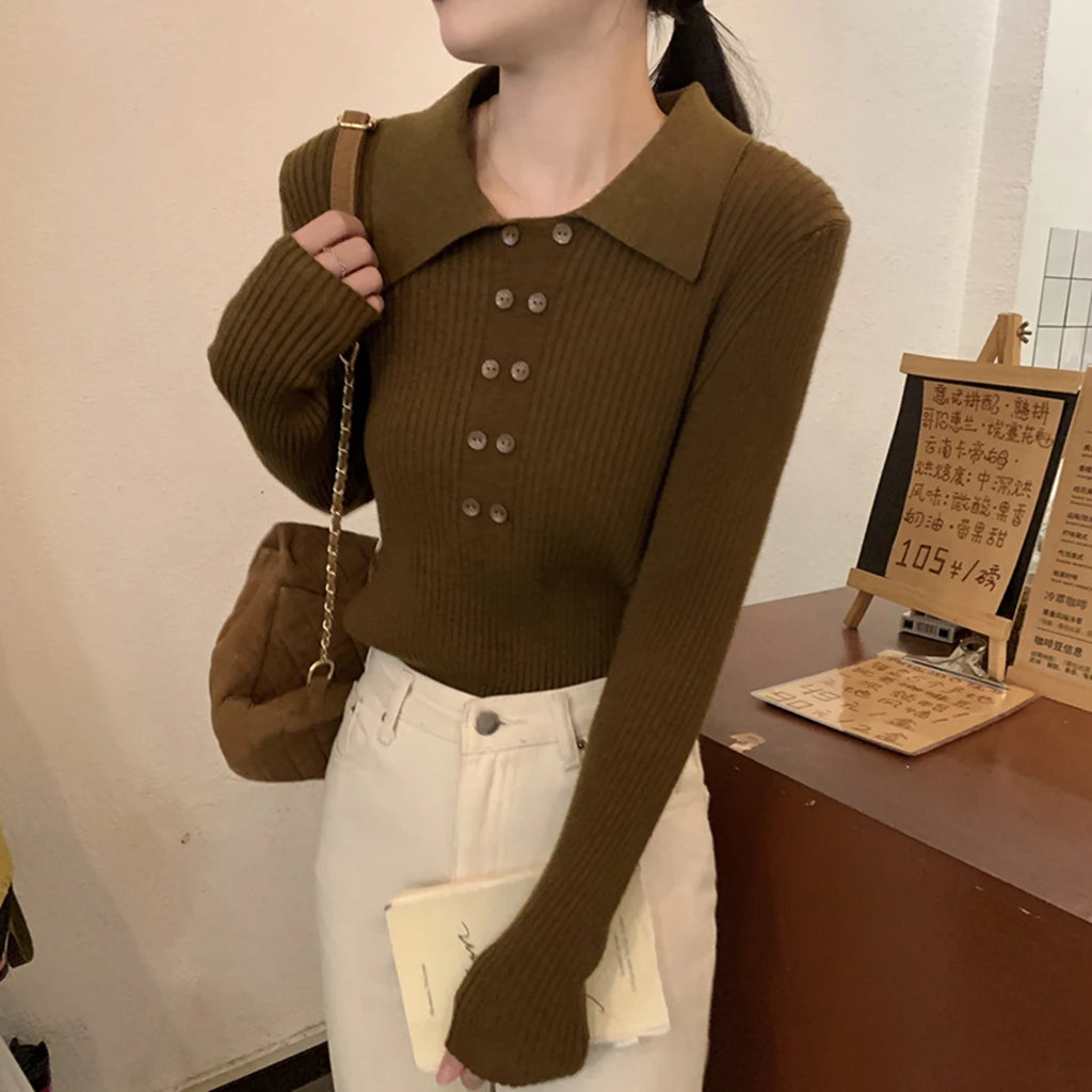 Turn-Down Collar Ribbed Pullover Sweater Women Autumn Winter Slim Long Sleeve Soft Warm Sweaters Ladies Knitted Tops