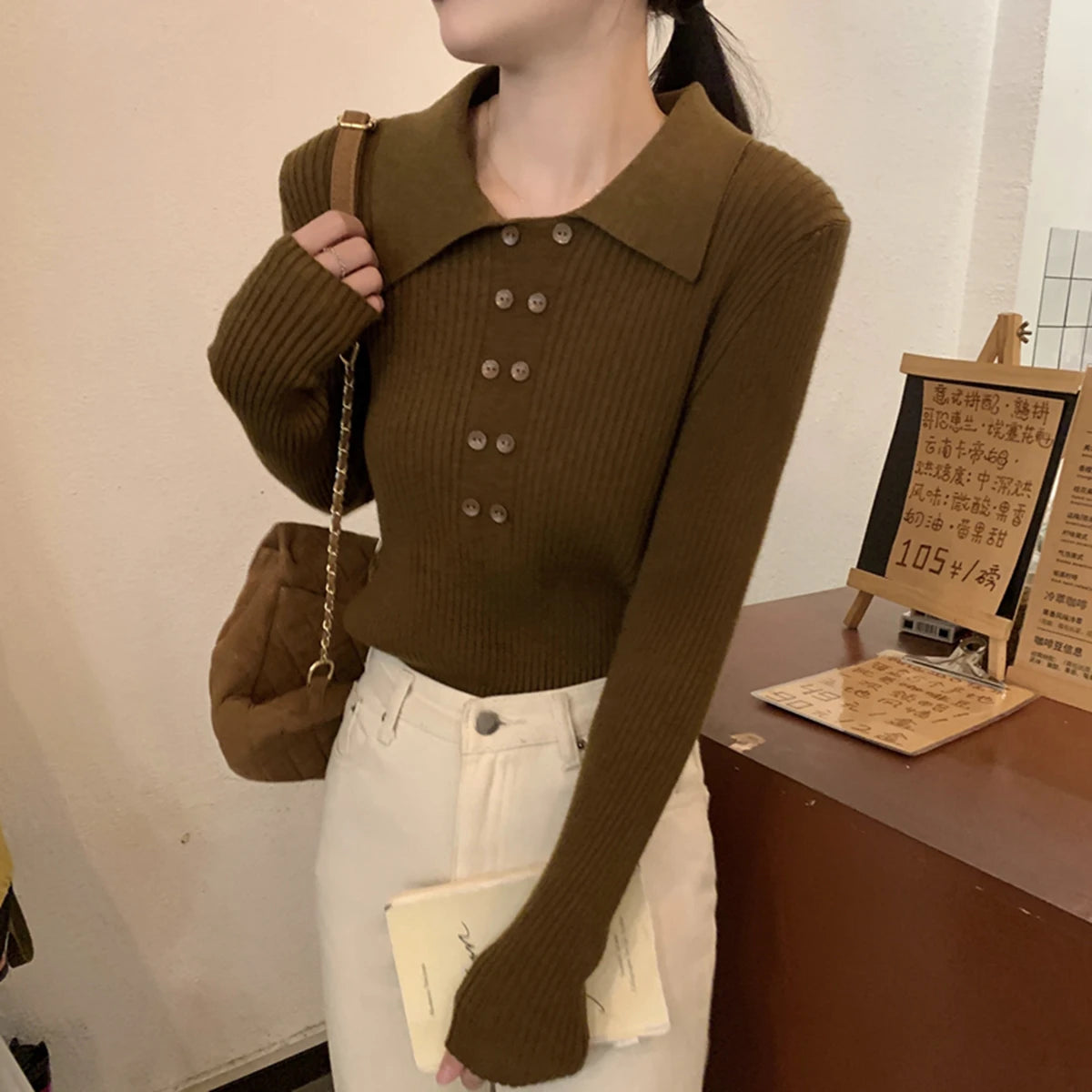 Turn-Down Collar Ribbed Pullover Sweater Women Autumn Winter Slim Long Sleeve Soft Warm Sweaters Ladies Knitted Tops