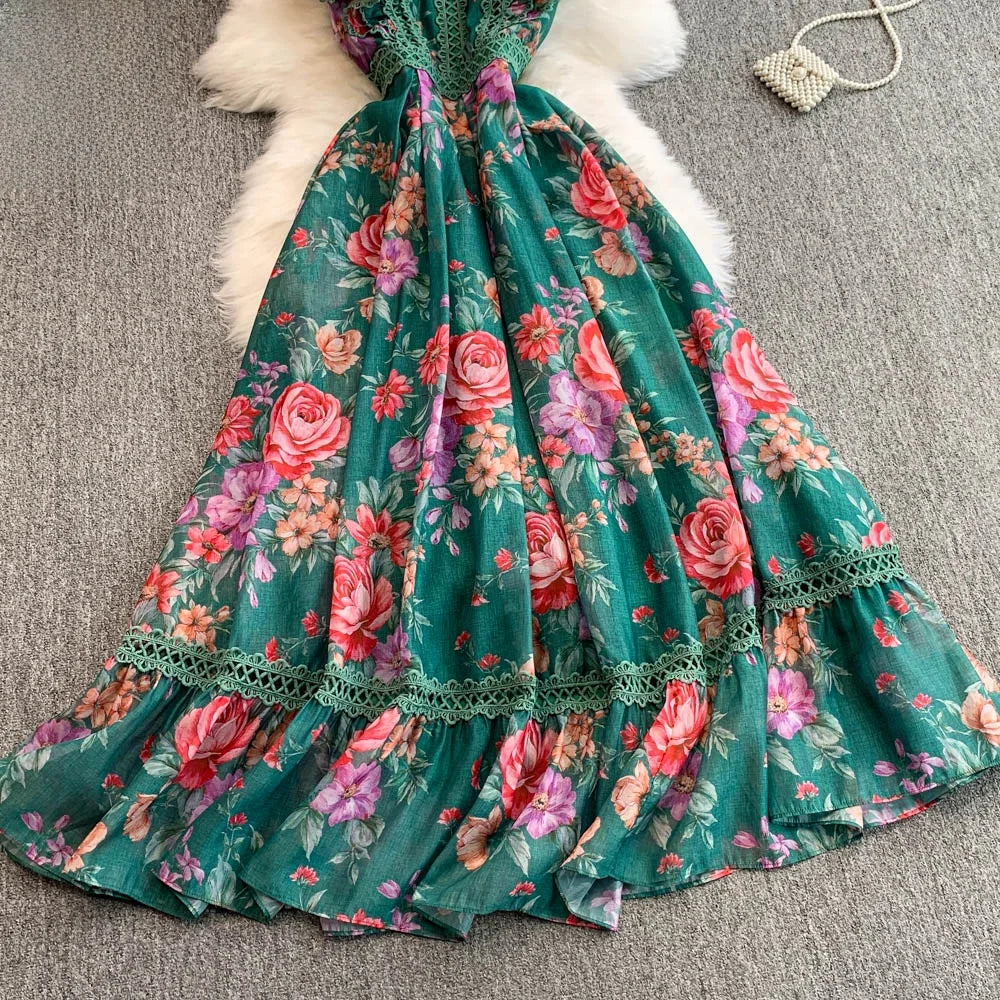 Ele Lace Splice Waist Cinching Long Dr Korean Sle Print Blouse Svel Midi Skirt High Waist A-Line Silhouette