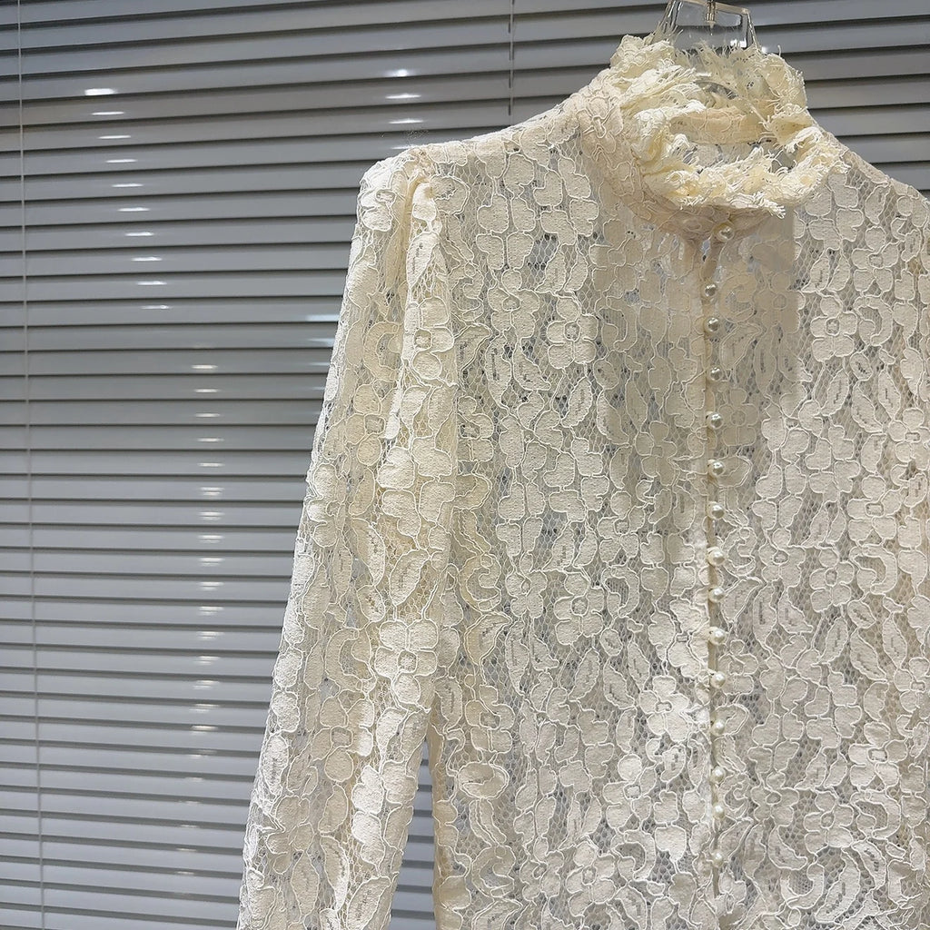 KTCZ Solid Spliced Lace Hollow Out Blouse For Women Long Sleeve Single Breasted Patchwork Print Minimalist Chic Blouse Female