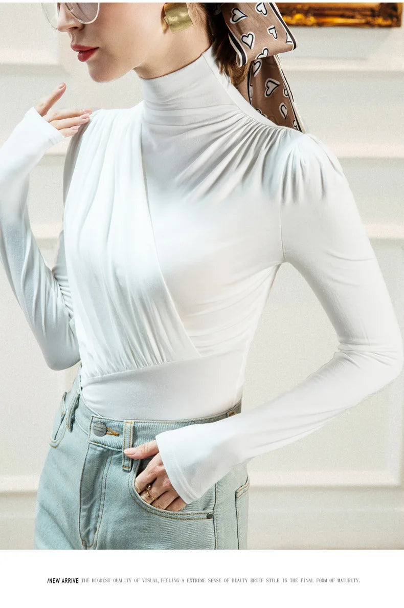 EVNISI Women Casual Thickening Warm Shirt Elegant Office Long Sleeved T-shirt Mock Neck Women Bottoming Tops 2024 Autumn Winter