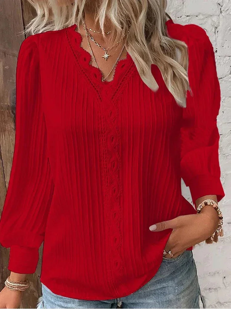 Stitching V-neck Long Sleeve Women's Pullover Chiffon Shirt Lace Stitching Shirt Loose Fall Top Simple Elegant Street Blouse