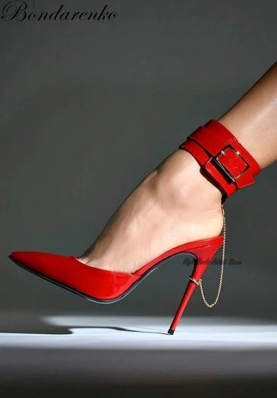 Hot Chic Pointy Toe Red Leather Metal Chain Pumps Women Black High Heels Luxury Design zapato Ankle Warp Sexy Sandalias Shoes