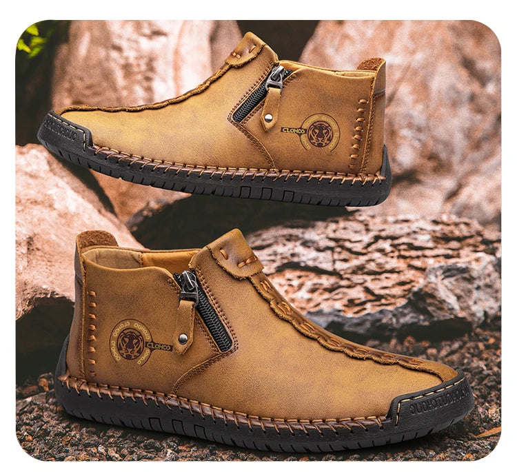 CLOHOO Hand-Sewn High-Top Men's Casual Shoes Comfortable Business Boots Solid Color Office Boots with Zipper