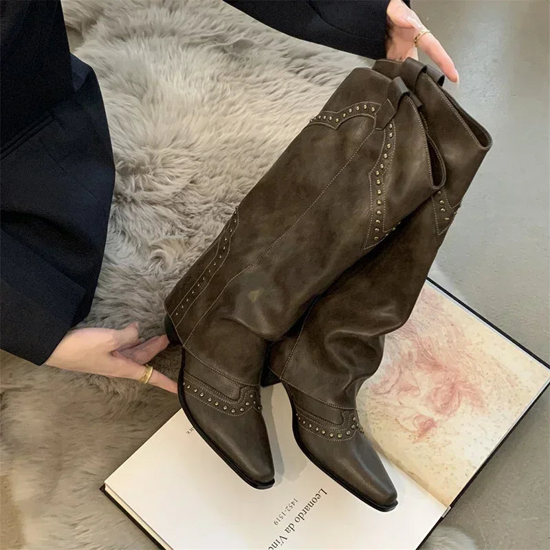 Woman Cowgirl Boots Fashion Slip on Ladies Elegant Square Heel Long Pipe Botas Shoes Retro Women's Spring Autumn Boot Footwear