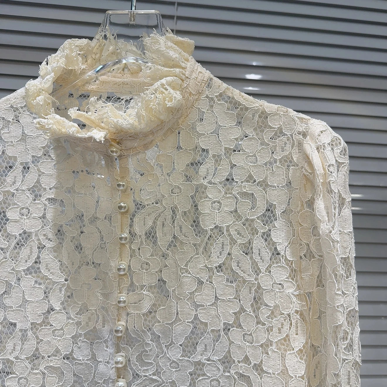 KTCZ Solid Spliced Lace Hollow Out Blouse For Women Long Sleeve Single Breasted Patchwork Print Minimalist Chic Blouse Female