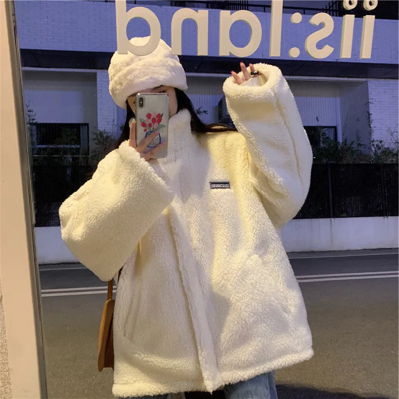 Women Winter Thicken Lamb Wool Coat Faux Fur Warm Stand Collar Outerwear Female Zipper Loose Jacket Full Sleeved Sweatshirts
