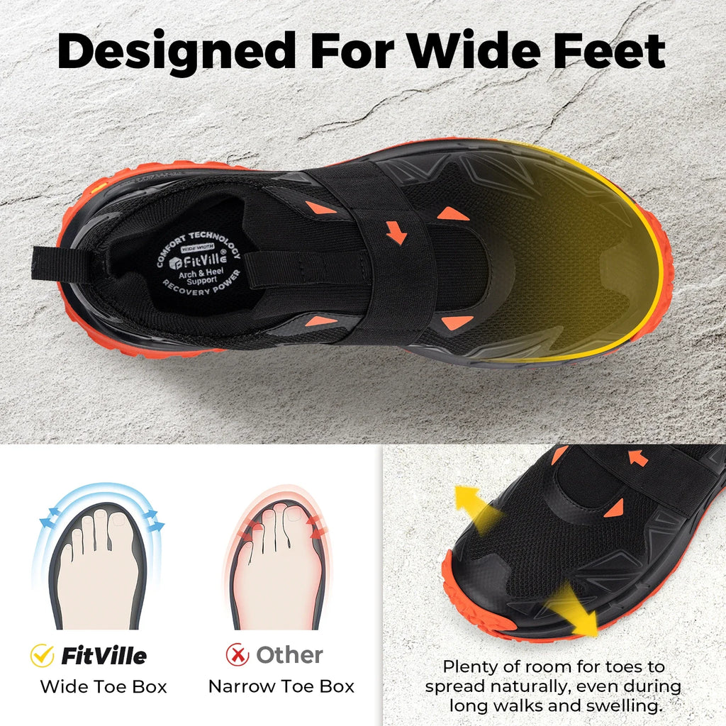 FitVille Men'S Widened Hiking Walking Shoes Slip-On Comfortable Orthopedic With Arch Support Non-Slip Sports Shoes For Travel