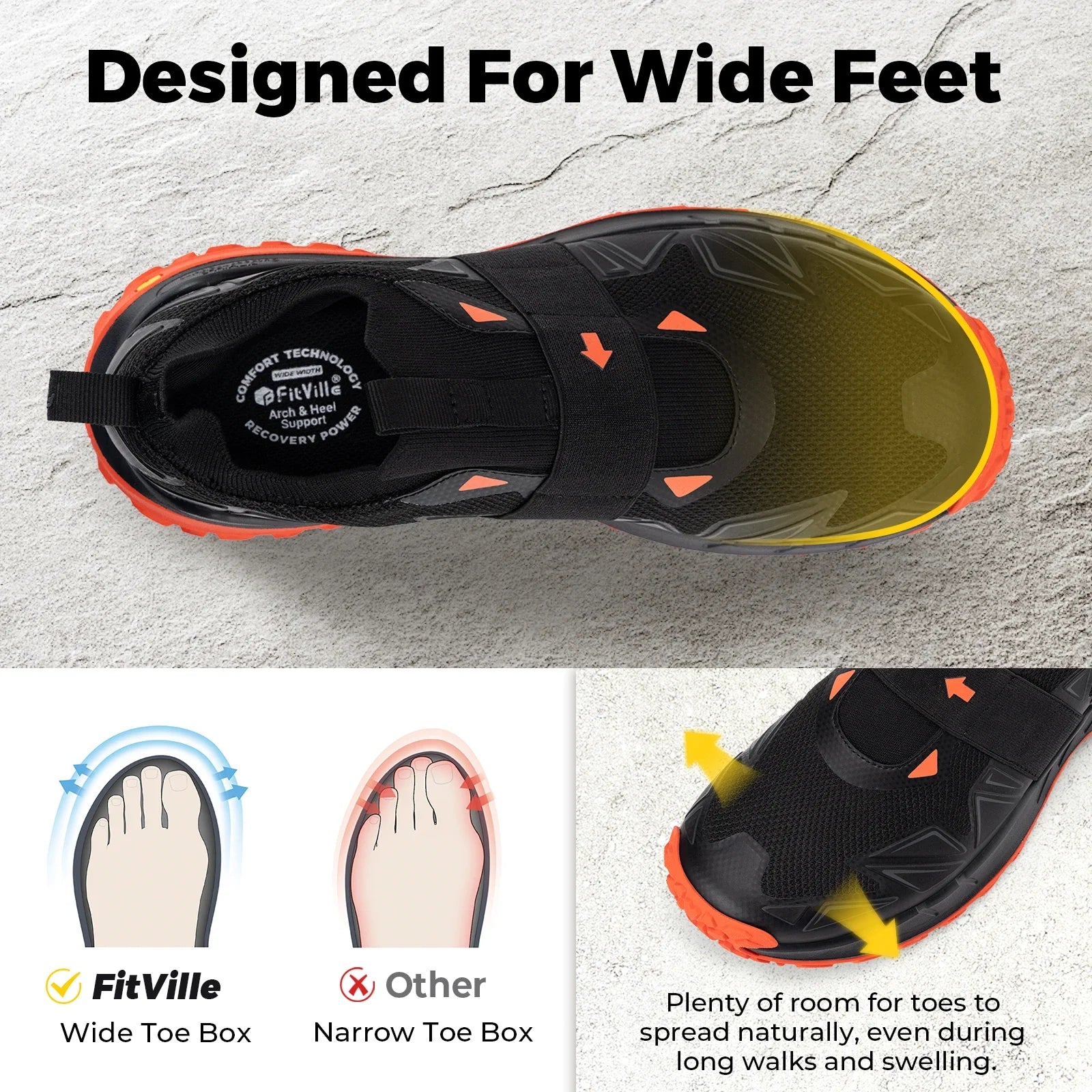 FitVille Men'S Widened Hiking Walking Shoes Slip-On Comfortable Orthopedic With Arch Support Non-Slip Sports Shoes For Travel
