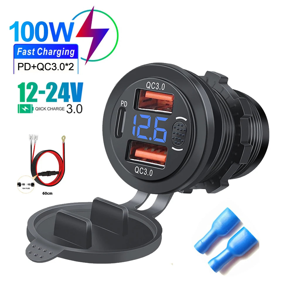 100W USB Outlet Car Charger Dual QC3.0 & PD 3 Ports USB C Socket with Voltmeter Touch Switch for Car Boat Marine Truck RV