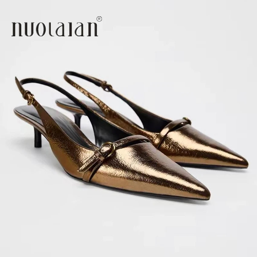 Pointed Toe Buckle Strap Ladies Sandals Gold Shallow Fashion Sexy Party Slingbacks 2025 Summer High Heeled Shoes Woman