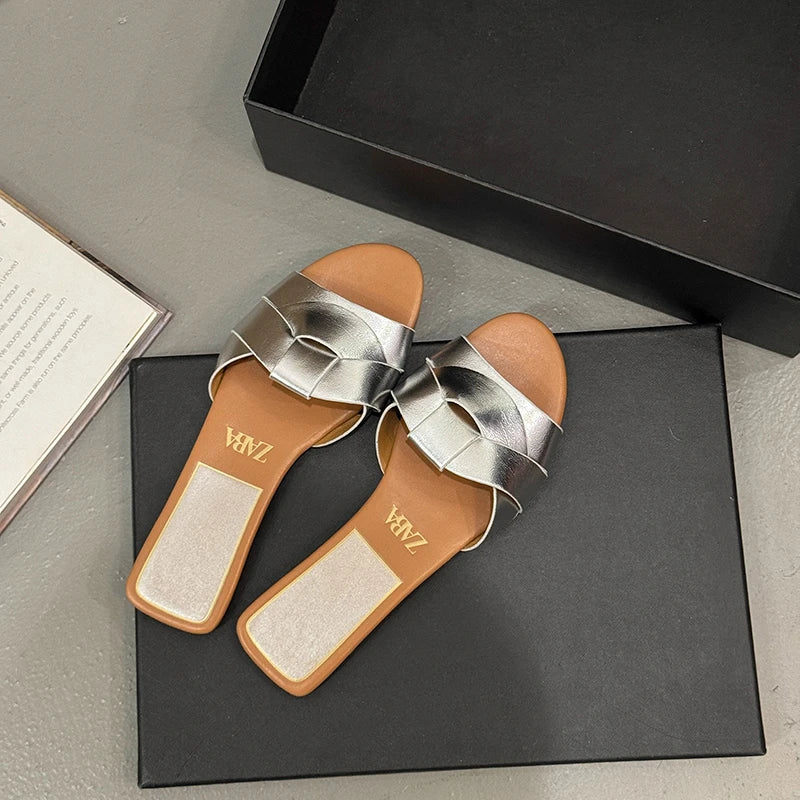 2025Summer New Style Women's Designer Brand Open Toe Flat Slippers Woven Comfortable Women's Shoes Casual Slippers Women's Shoes