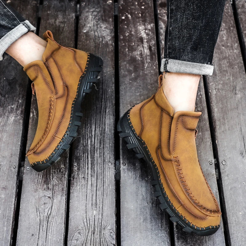 Men Boots Autumn Winter New Handmade High-top Casual Shoes Outdoor Non-slip Hiking Men Shoes Zipper Ankle Boots Plus Size 38-48