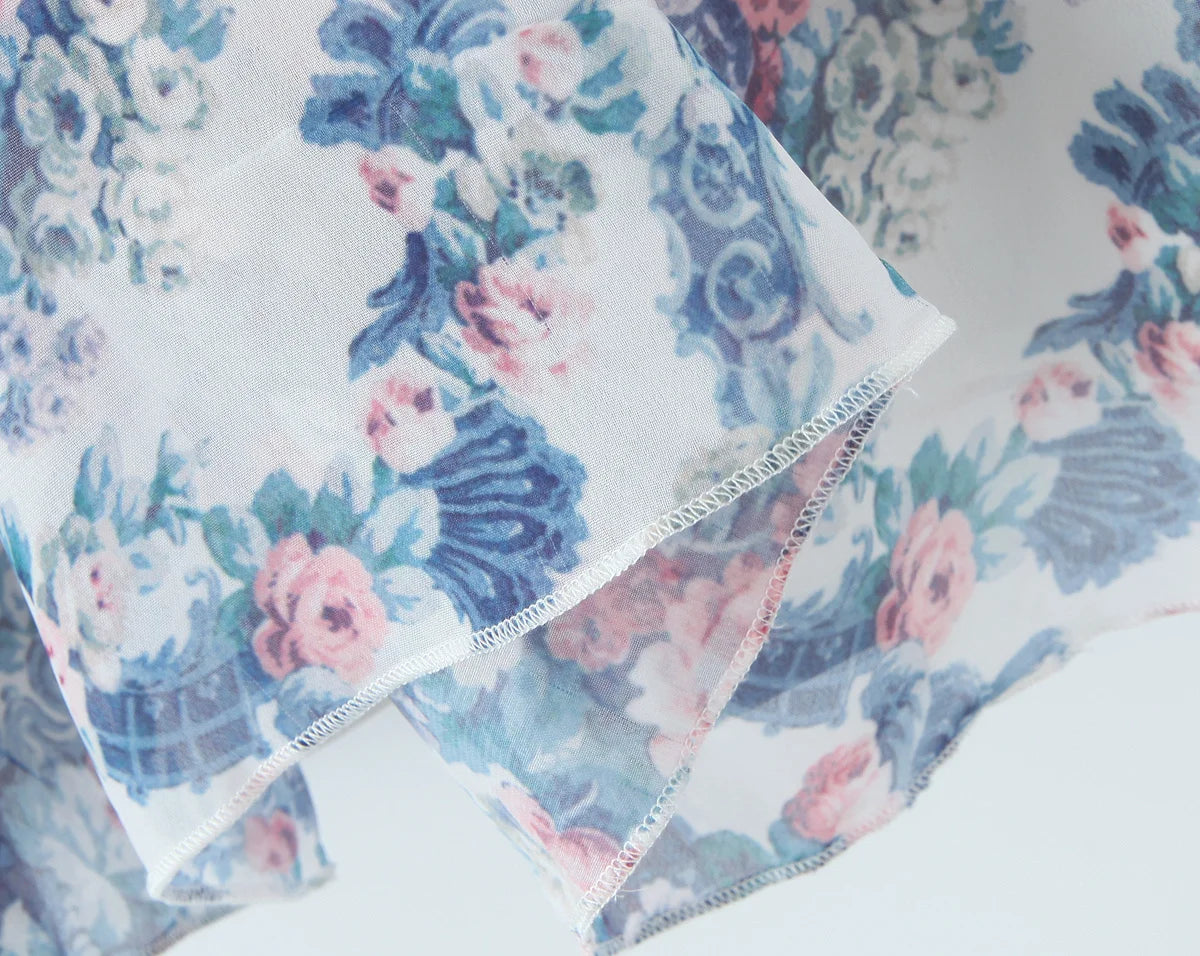 YENKYE Boho Blue Floral Print Mini Dress Women Puff Sleeve Lace Spliced A-line Beach Holiday Summer Dresses 2025 Short Robe