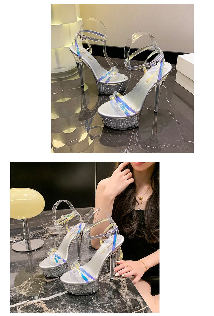 New 2024 Summer Fashion Sandals Sexy Open Toe 15CM High Heels Party Dress Wedding Nightclub Women Shoes Platform Stripper Heels