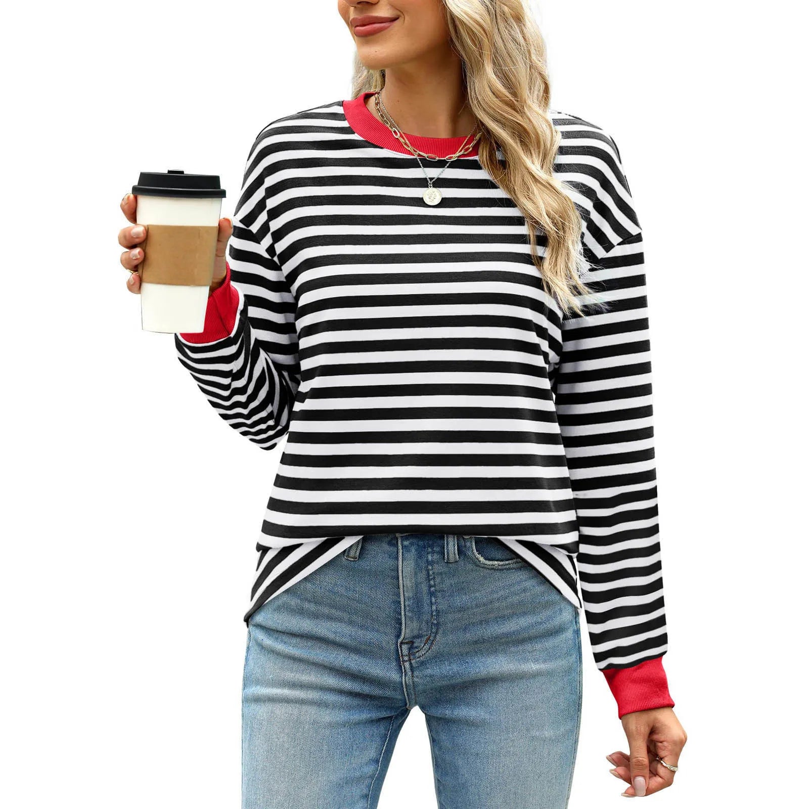 Women Casual Top Fashion Contrast Loose Round Neck Long Sleeve Stripe Printed Top Oversized Loose Pullover Autumn Clothes