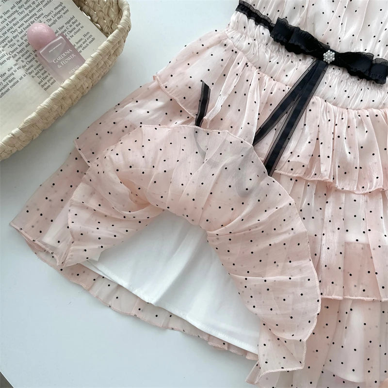 Japanese Elegant Sweet Original Design Evening Dress Women Dot Bow Strapless Pleated Party Dress Princess Casual Cute Clothing