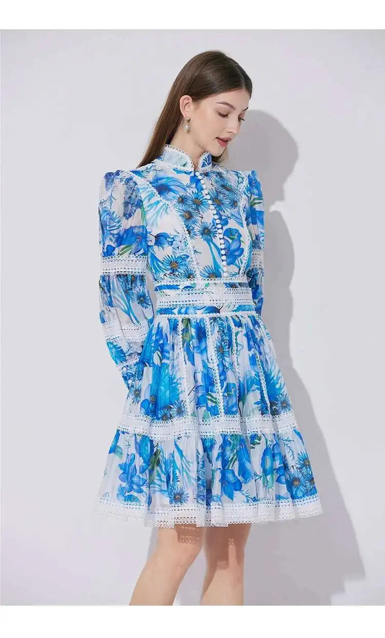 Elegant Long Sleeve Floral Short Dresses Shirt For Women Summer Autumn Holiday Hollow Out Printed Party Dress