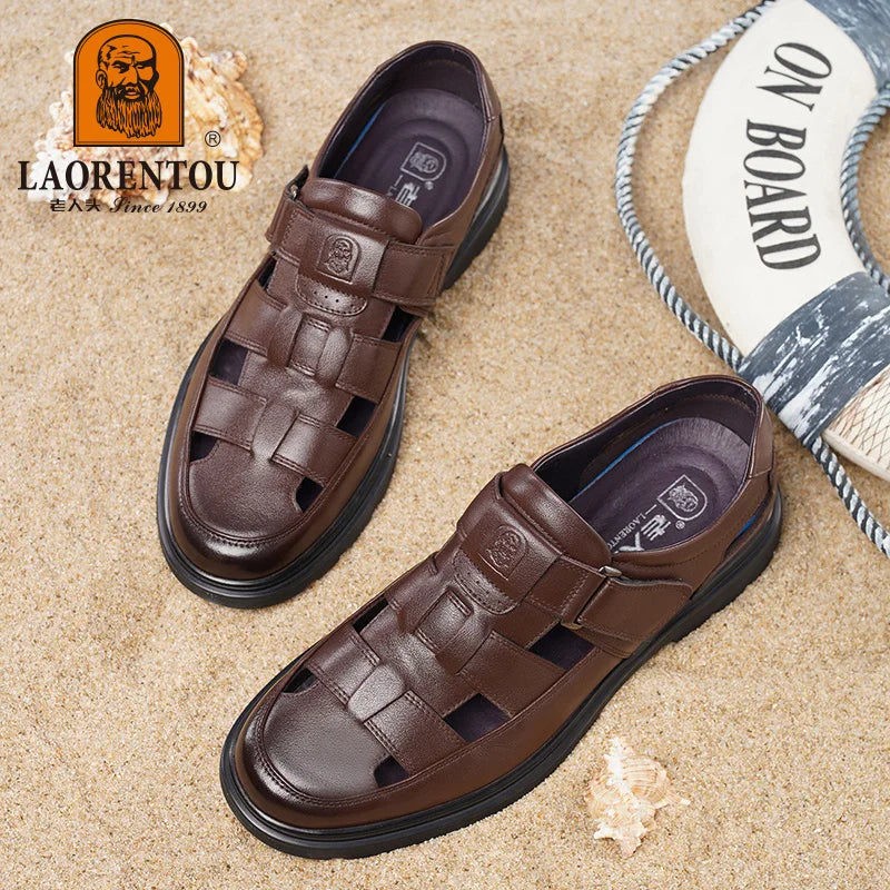 LAORENTOU leather sandals, men's breathable hollow hole shoes, toe wrapped cowhide, anti slip and wear-resistant casual  shoes