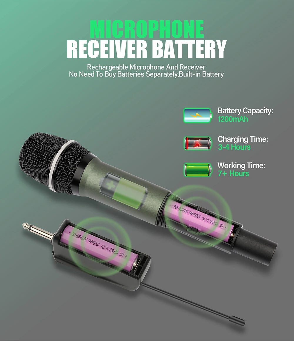 Rechargeable Battery Microphone 2 Channel UHF Wireless Microphone Dual Handheld Dynamic Adjust Frequency For Stage 200ft DL602