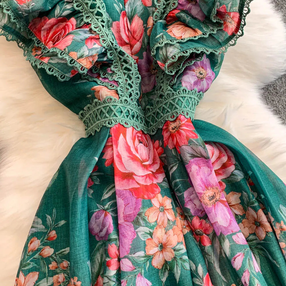 Ele Lace Splice Waist Cinching Long Dr Korean Sle Print Blouse Svel Midi Skirt High Waist A-Line Silhouette