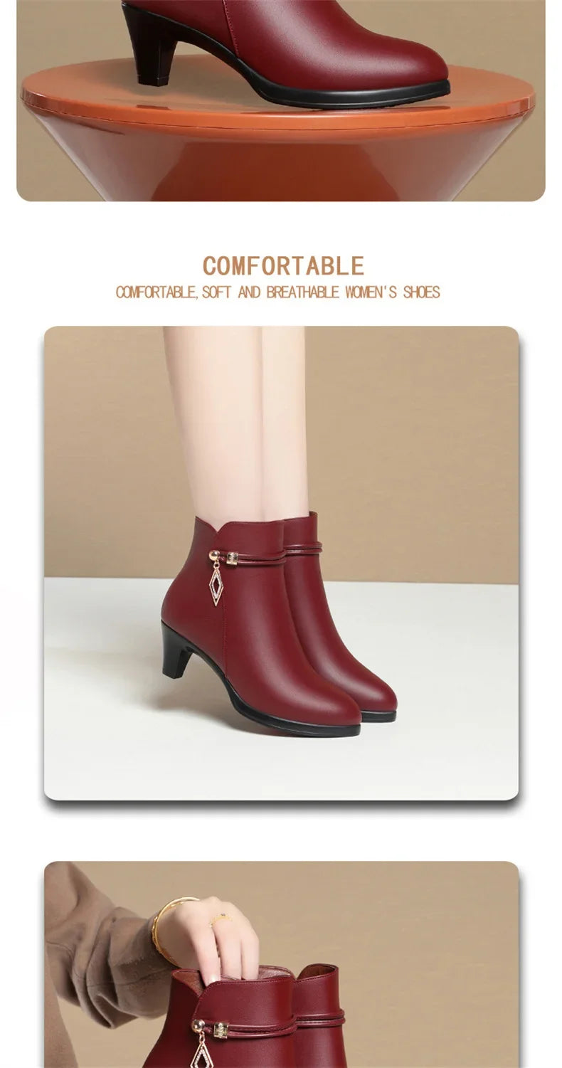 Comfort Fashion Soft Leather Winter Shoes Platform Boots 2024 Elegant Black Block High Heels Ankle Office Mom Boots