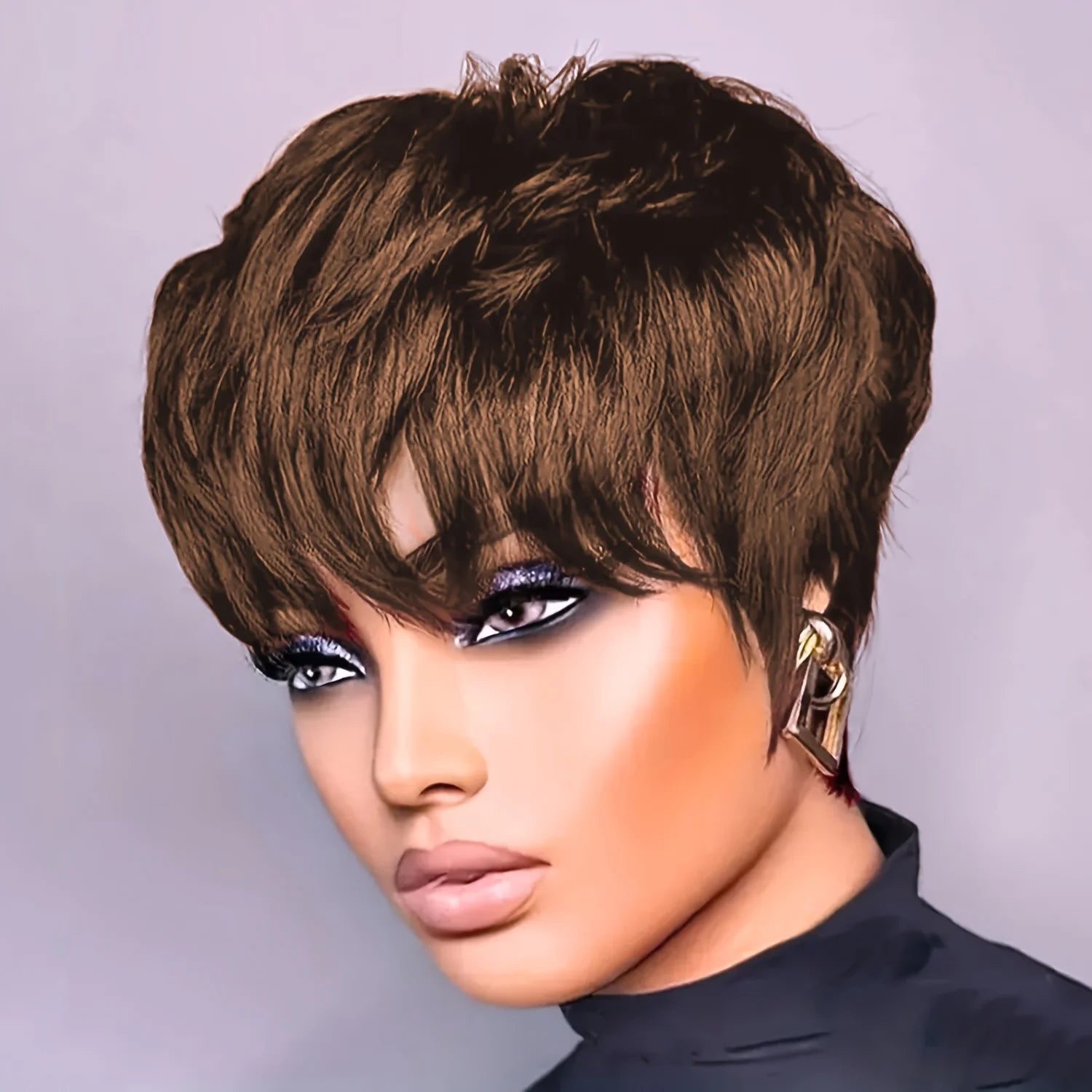 Short Pixie Cut Wig Human Hair Chocolate Brown Black 99J Burgundy Red Colored with Bangs Full Machine Made Layered Wig for Daily