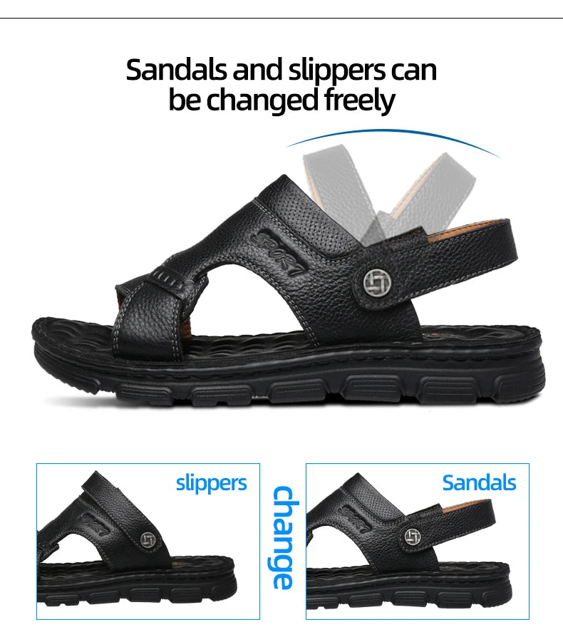 LAORENTOU cowhide breathable outdoor leisure beach shoes, anti slip thick sole leather sandals for external wear