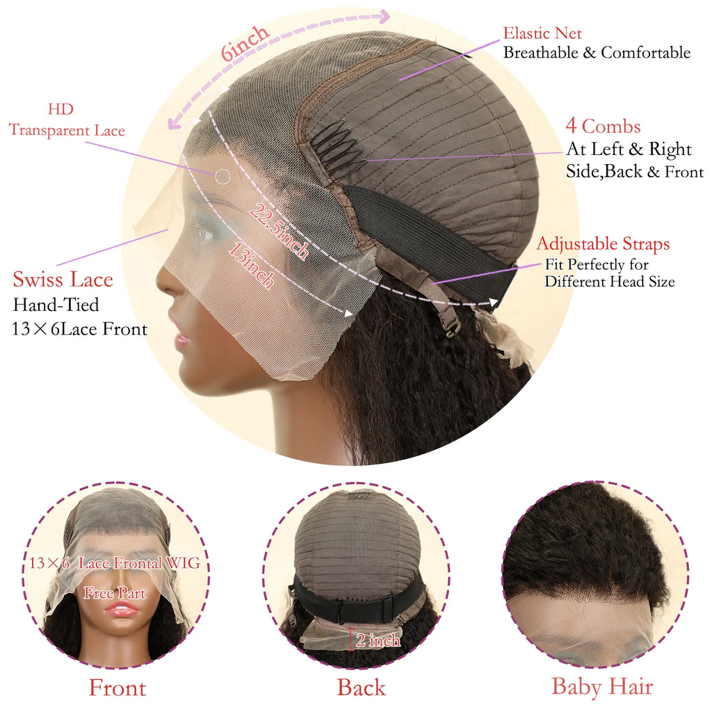 100% Human Hair Kinky Straight 13x6 HD Lace Frontal Human Hair Wig Indian Transparent Lace Front Wig For Women PrePlucked 200%