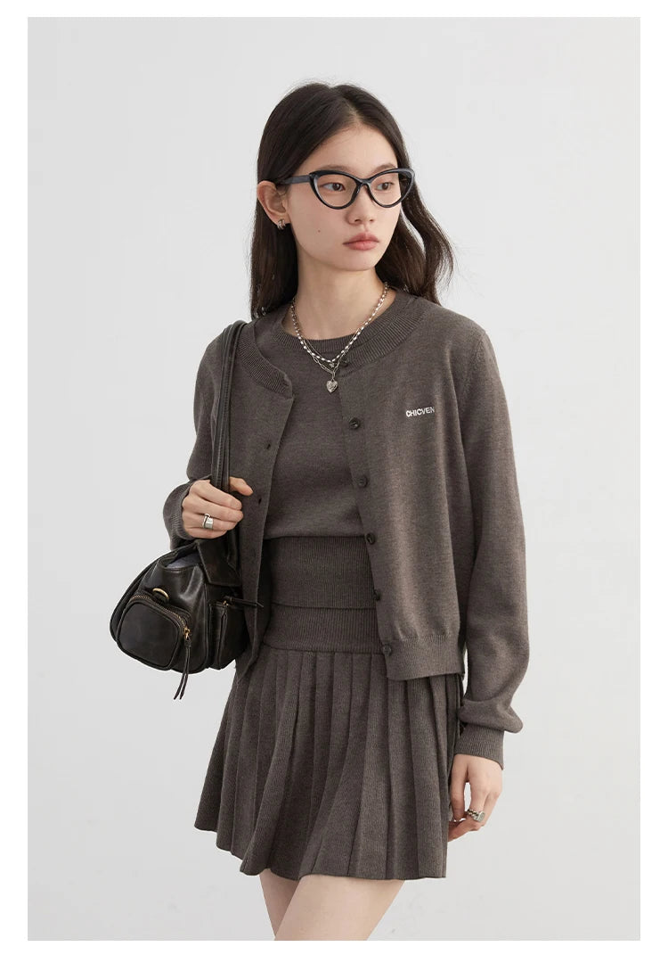 CHIC VEN Women Skirt Sets Solid Knitted Cardigan Short Sleeved Top Female Pleated Skirt Three Piece Optional Spring Autumn 2024