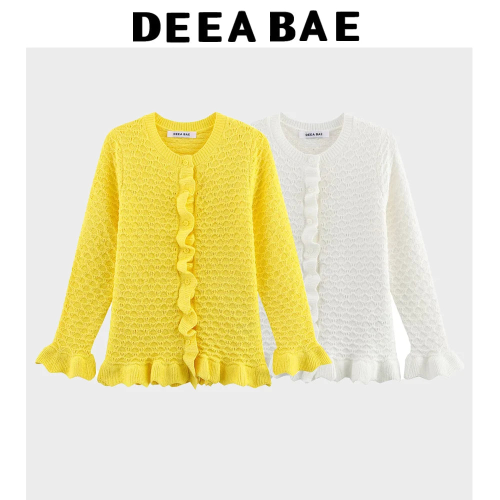 DEEABAE Spring Women's French Style Design With Layered Decorative Buttons And Round Neck Long Sleeved Knitted Jacket