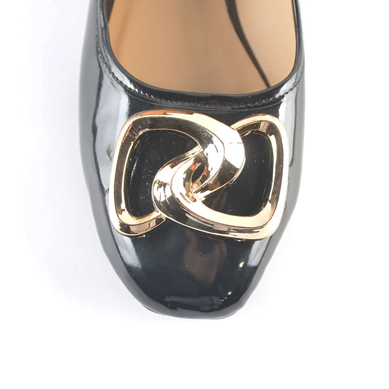 2024 Laidies Geometric Decoration  Comfortable Square Toe Flat  Casual  Spring Autumn Black  Patent faux leather Flat Ballerinas