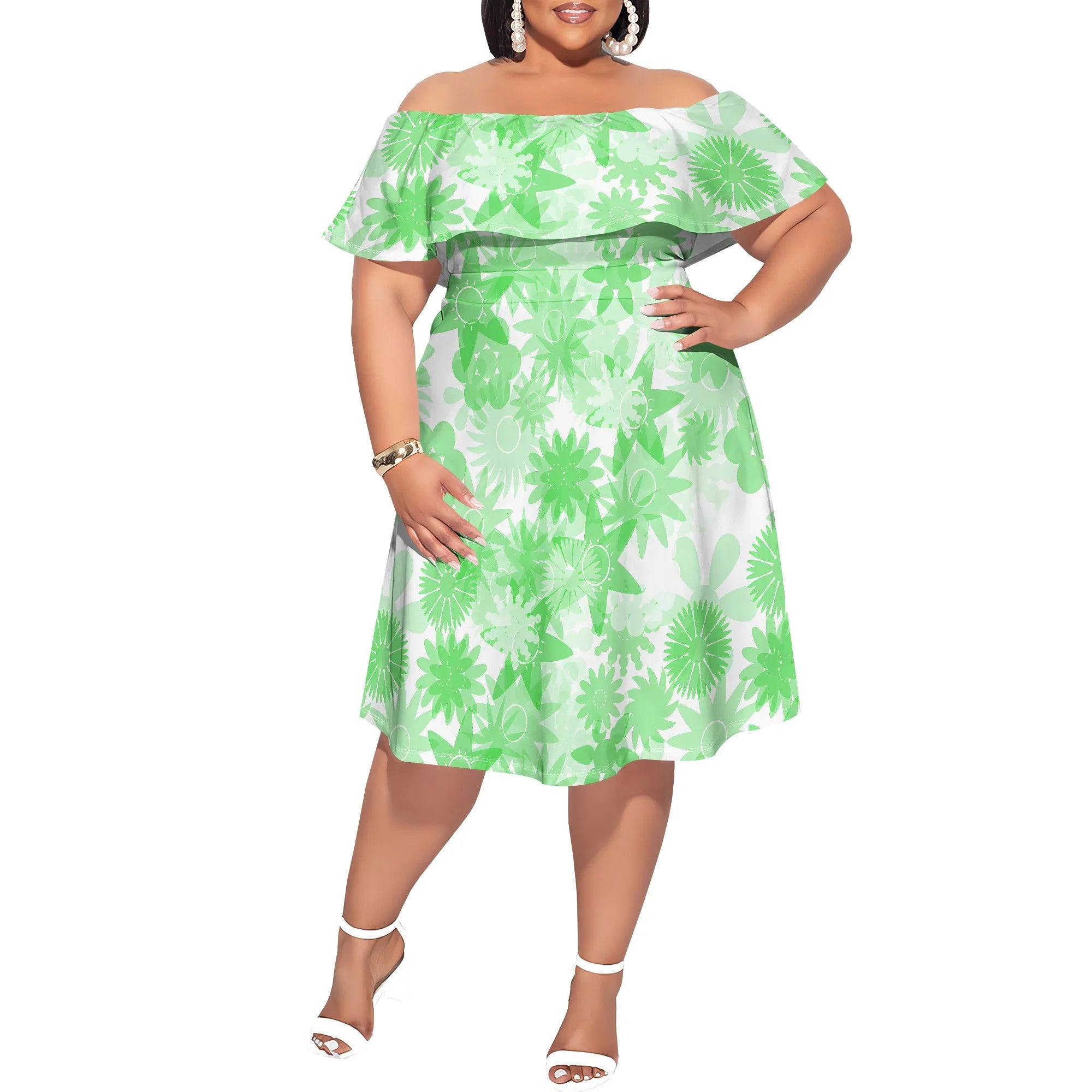 Plus Size Off Shoulder Ruffle Hem Dress Summer Yellow Abstract Floral Print Casual Holiday Look