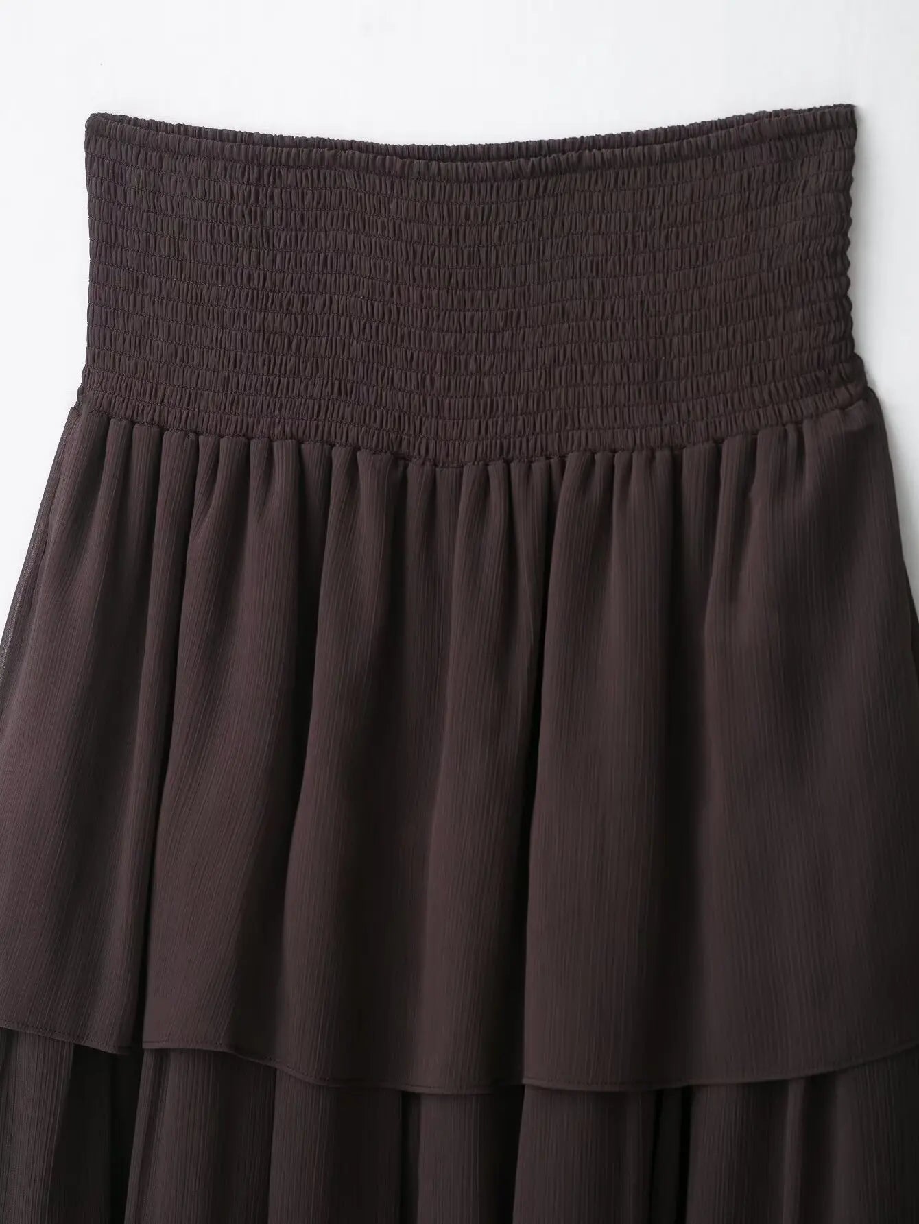 New High Street Women Brown Ruffled Pleated Midi Skirt High Elastic Waist Female Chic Lady Long Skirts