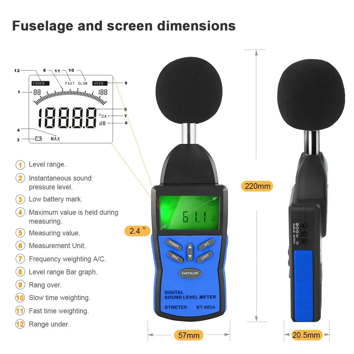 BT-882A Precision Sound Level Meter, Digital Decibel Tester for 30~130 dB Noise Volume Measurement with A/C Fast/Slow Weighting