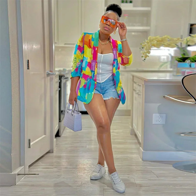 Streetwear Tie Dye Print Blazer Coat for Women Jacket 2023 Elegant Blazers Ladies Outerwear Stylish Y2K Tops Casaco Feminino