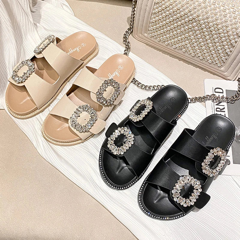 2025 Brand Rhinestone Buckle Sandals Women Double Band Slippers Crystal Shoes Ladies Casual Slides Slip On Flat Heels Flip Flops