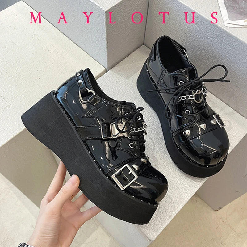 Punk Style Shoes Woman Platform Heel Metal Rivet Dark Bat Fashion Trendy Women Wedge Bottom Burgundy School Student Shoes