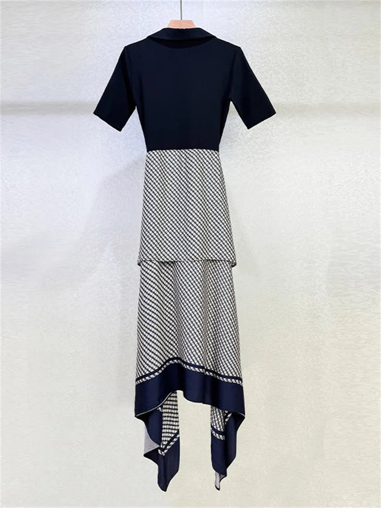 Women's Black Fake Two-Piece Irregular Midi Dress Lace Up Short Sleeved Floral Print Midi Robe