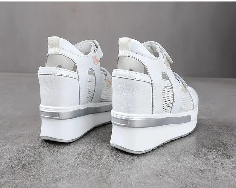 10cm Air Mesh Genuine Leather Platform 2025 Wedge Flats Sneakers Hook Summer Women Comfy Fashion Chunky Sneaker Sandals Shoes