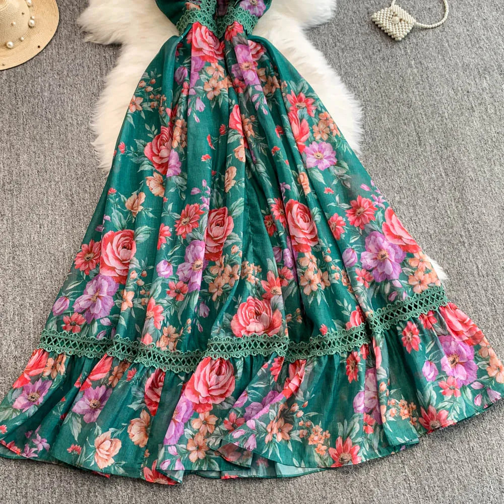 Ele Lace Splice Waist Cinching Long Dr Korean Sle Print Blouse Svel Midi Skirt High Waist A-Line Silhouette