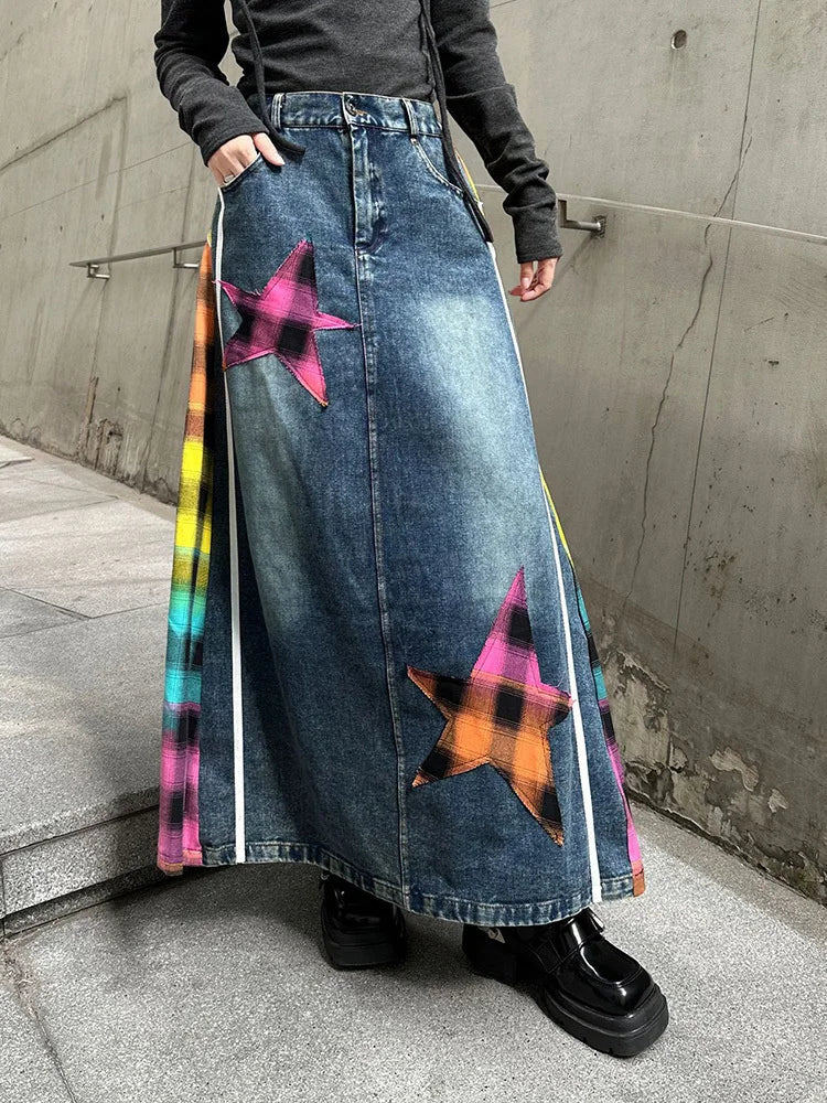 [EAM] High Elastic Waist Blue Back Plaid Denim Long A-line Half-body Skirt Women Fashion Tide New Spring Autumn 2025 1DH8117