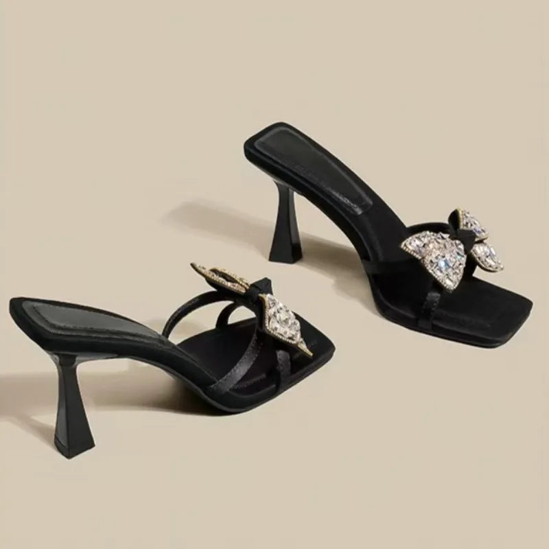 Summer New Stiletto Sandals Square Head Open Toe Sequin Butterfly Knot Thin Strap Anti-slip Wear-resistant High-heeled Slippers