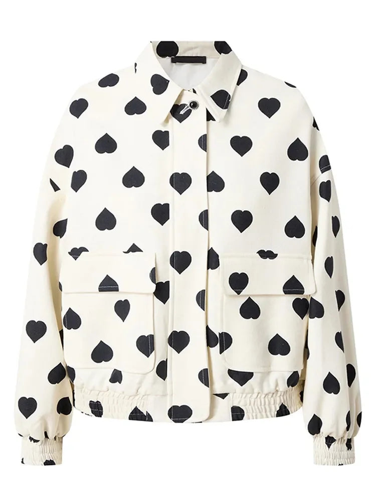 Autumn Female Commuting Streetwear Elegant Black Polka Hearts Bomber Jacket Women Fashion Long Sleeve Flips Pocket Zipper Coat