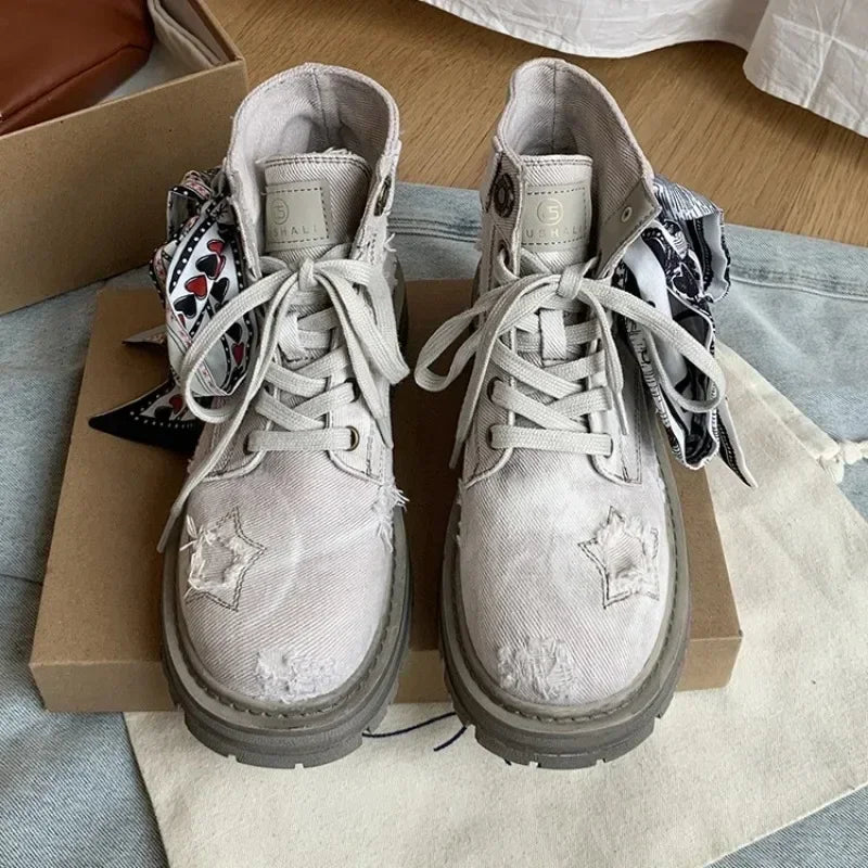 Women's Boots  New Thick Sole Breathable Ribbon Strap Short Boots Anti Slip Lace-up Height Increasing Fashion Boots