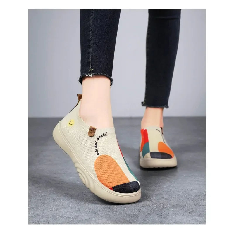 Spring and summer women's breathable knitted sports shoes, casual sponge shoes, lightweight mesh low top shoes  platform boots