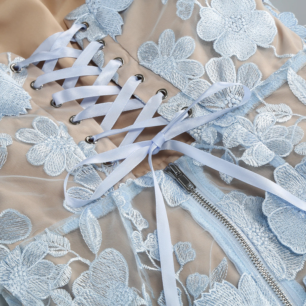 New sexy embroidered flower strapless dress, women's back tie adjustable party dress